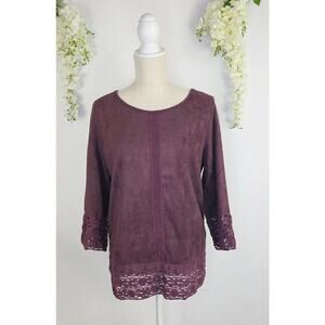 Soft Surroundings Suede Top Medium Plum Lace 3/4 Sleeve Boho Cottage Lagenlook